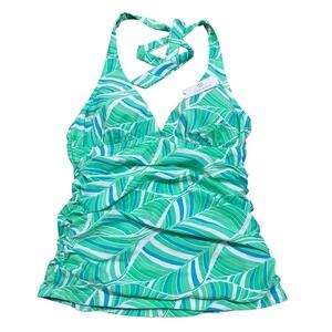 Helen Jon Halter Tankini Top Ruched Swimsuit Green Leaf Print Size M NWT